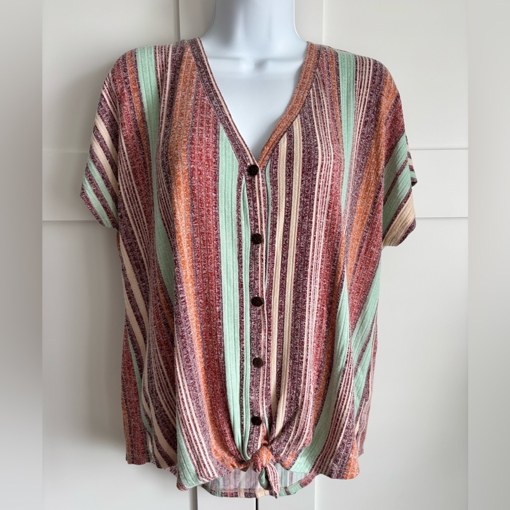 W5 Striped Button-Down Tie-Front Knit Top
